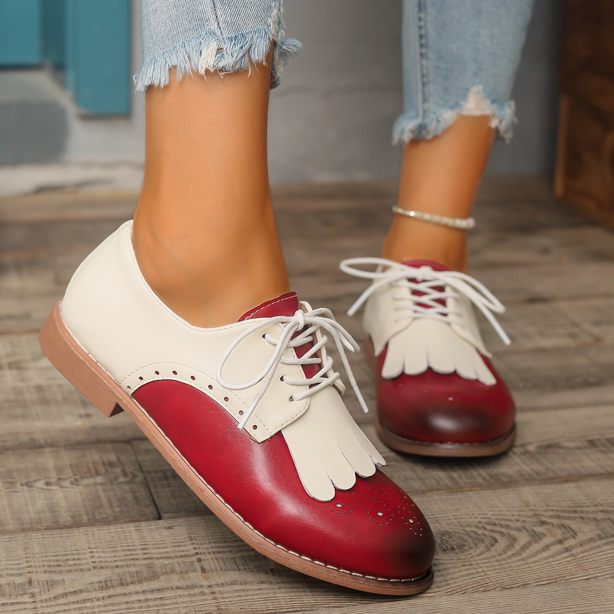 Oxford Lace Up Women - Red Green Color Mixed Brogue Shoes