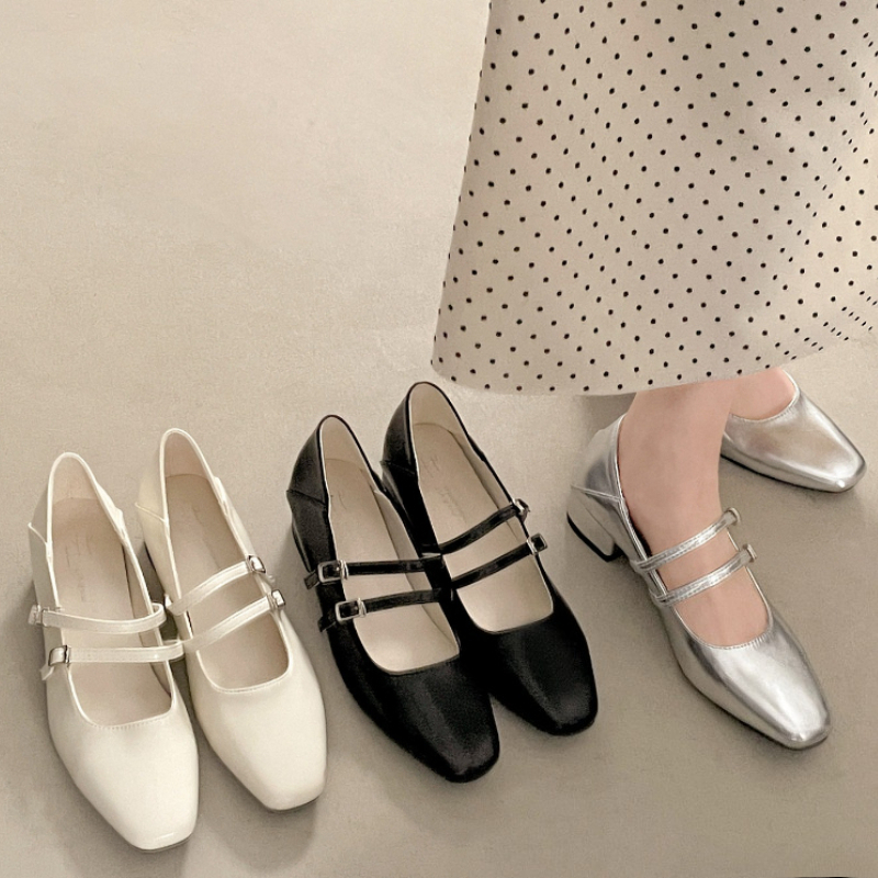 Women'S Heels - Square Toe Low Heel Women Silvery