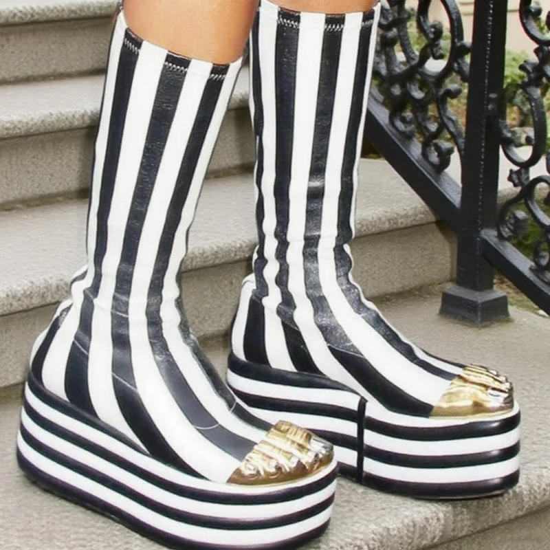 Women Shoes Size Chart - Black White Striped Metal Decor Stretch