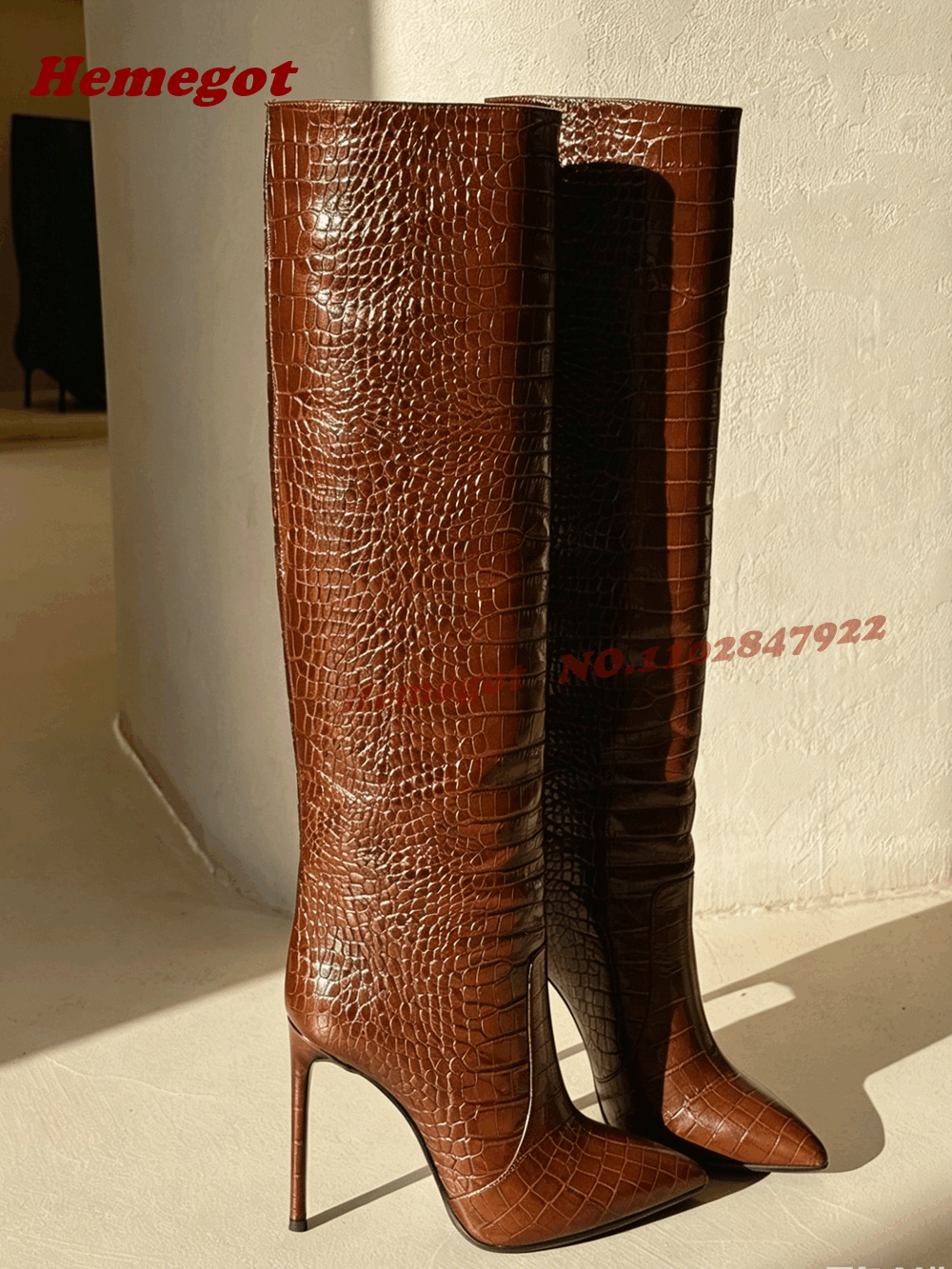 Women Shoes Size Chart - Brown Croc-Embossed Leather Knee High Boots