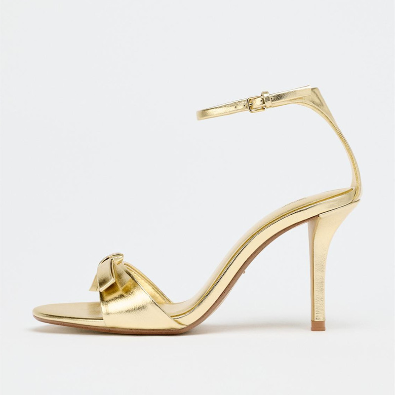 Elegant Golden Bow Brand High  - Metallic Heel Sandal review and price