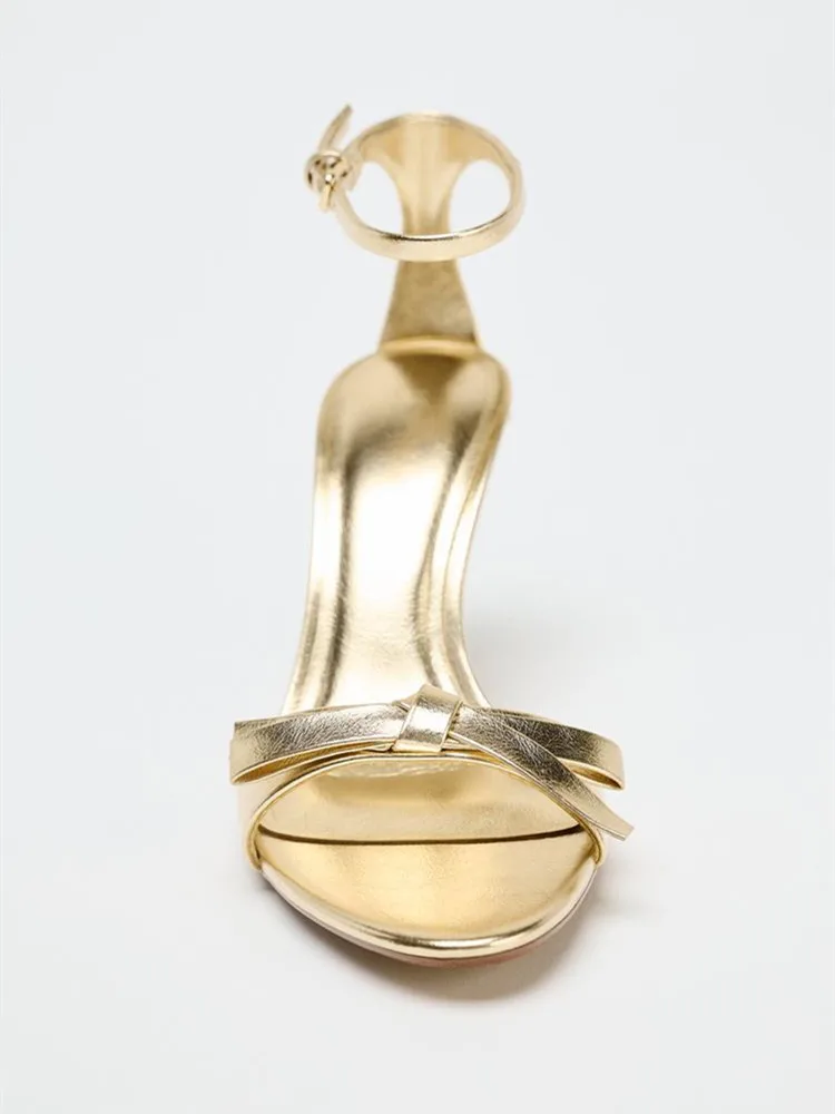 Elegant Golden Bow Brand High  - Metallic Heel Sandal review and price