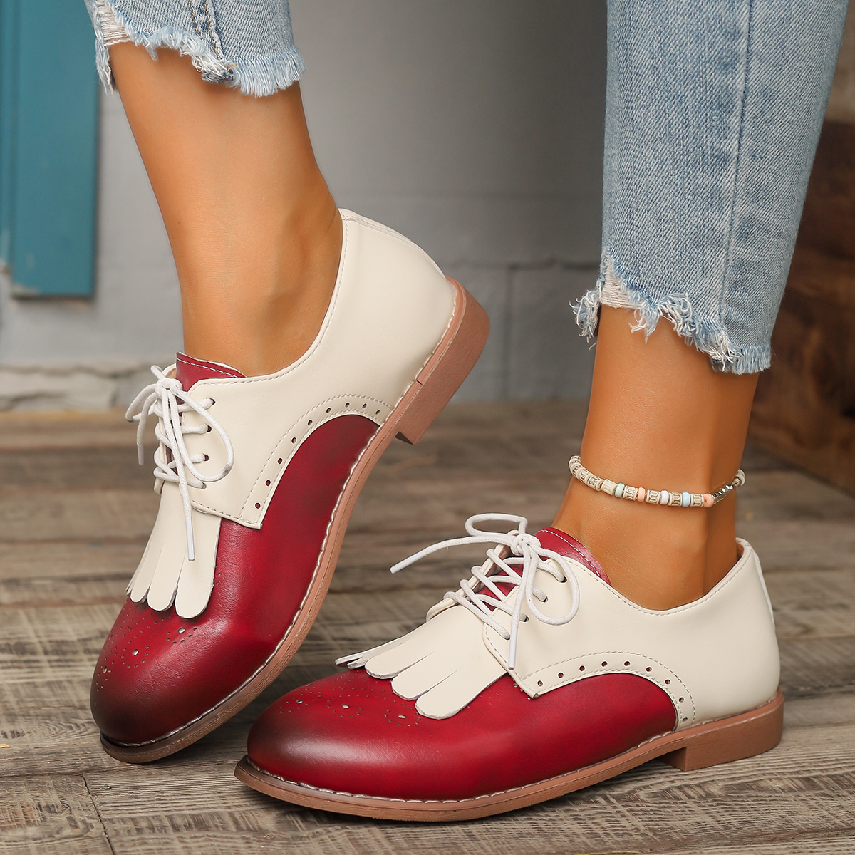 Red Green Color Mixed Brogue S - Oxford Lace Up Women review and price