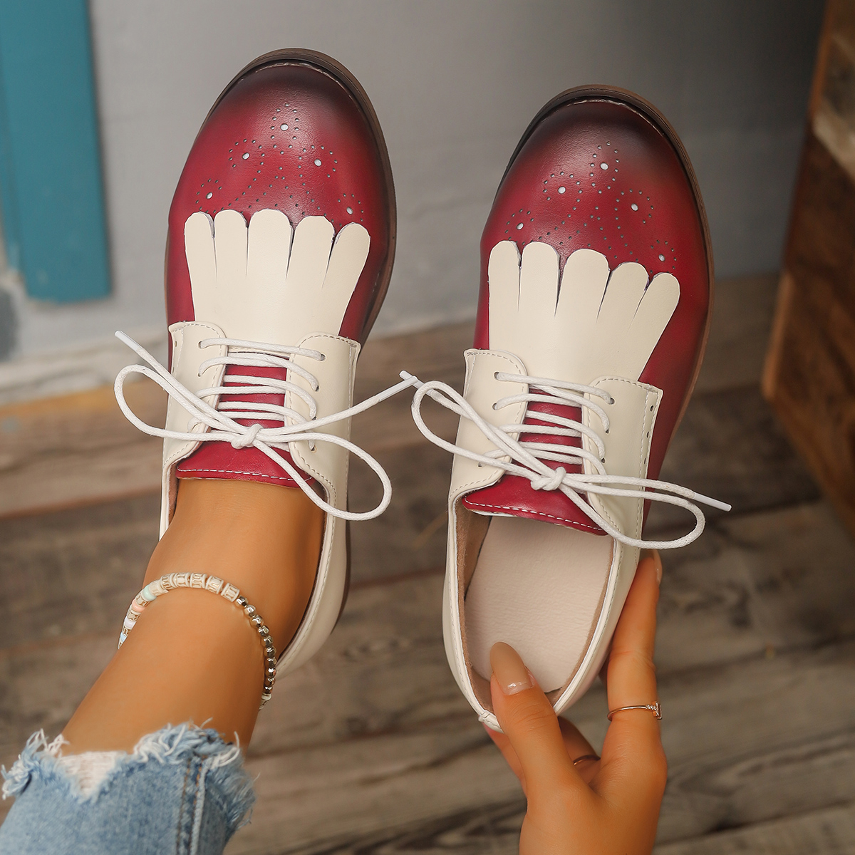Red Green Color Mixed Brogue S - Oxford Lace Up Women review and price